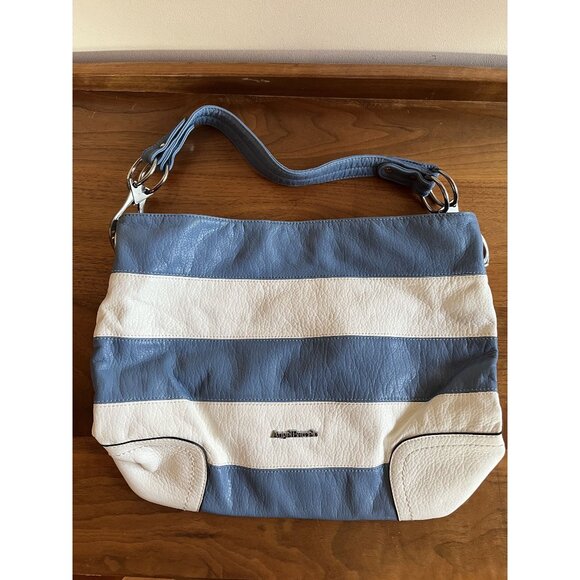 Angel Barcelo Nautical Stripes Tote Bag In Blue & White Pebbled Leather - Picture 1 of 9